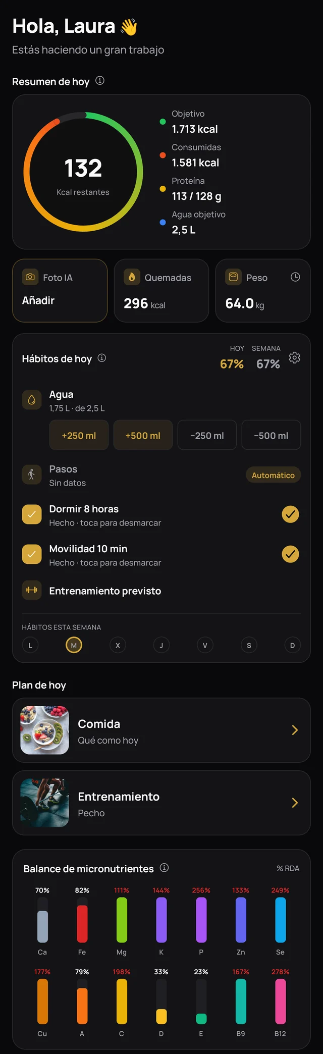 Pantalla Hoy de la app FitCoachLab
